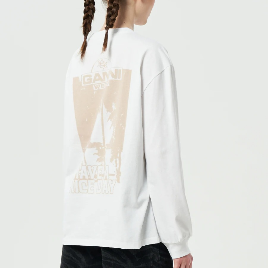 GANNI Future Heavy Jersey Palm Long Sleeve T-shirt - Bright Whitе