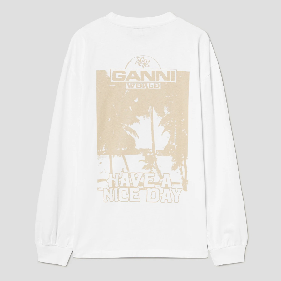 GANNI Future Heavy Jersey Palm Long Sleeve T-shirt - Bright Whitе