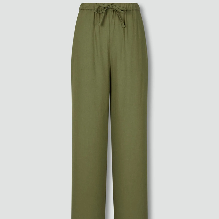 JAJU Linen Blended Wide Banding Pants (Khaki) — лёгкие и просторные брюки из льняной смеси с комфортной посадкой на каждый день