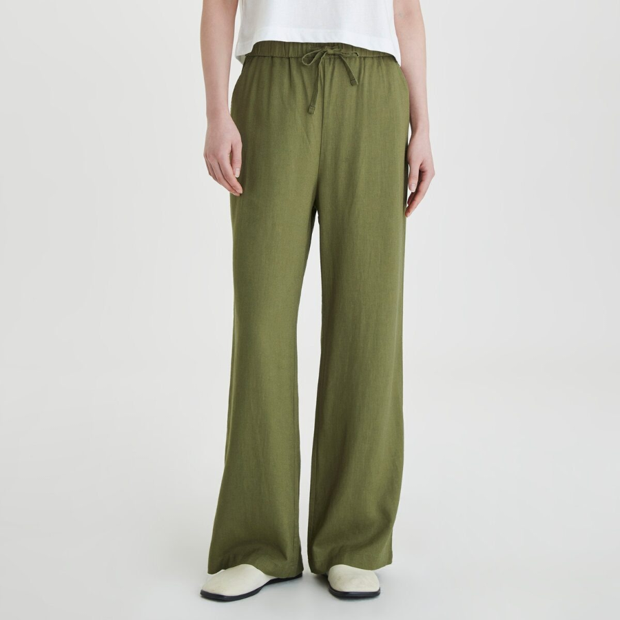 JAJU Linen Blended Wide Banding Pants (Khaki) — лёгкие и просторные брюки из льняной смеси с комфортной посадкой на каждый день