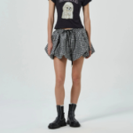 GANNI Crinkled Taffeta Check Mini Bubble Skirt – Black