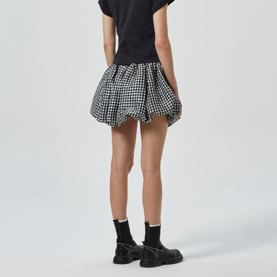 GANNI Crinkled Taffeta Check Mini Bubble Skirt – Black