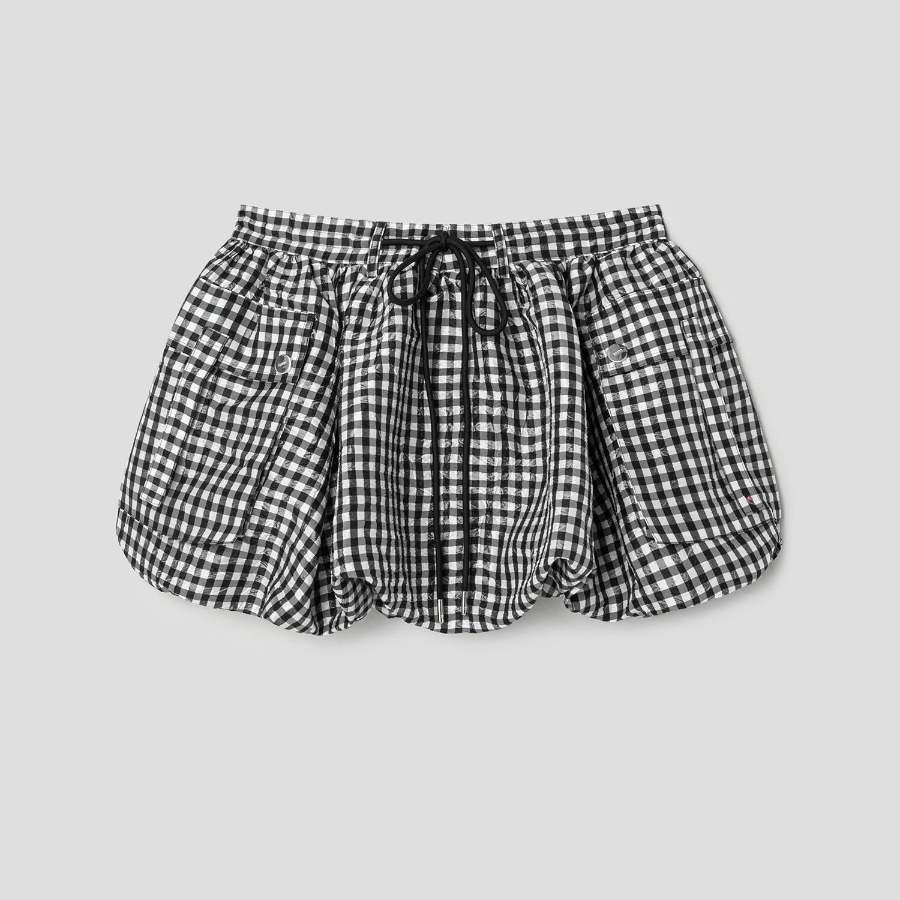 GANNI Crinkled Taffeta Check Mini Bubble Skirt – Black