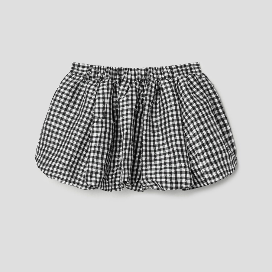 GANNI Crinkled Taffeta Check Mini Bubble Skirt – Black