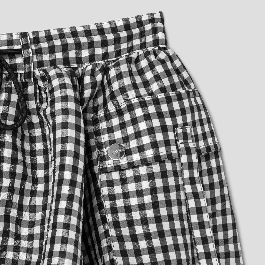 GANNI Crinkled Taffeta Check Mini Bubble Skirt – Black