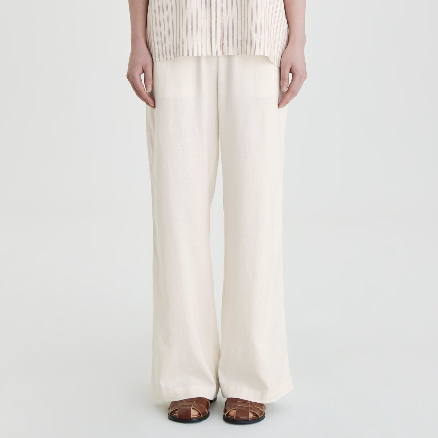JAJU Linen Blended Wide Banding Pants (Ivory) — светлые и лёгкие брюки из льняной смеси для тёплой погоды и максимального комфорта