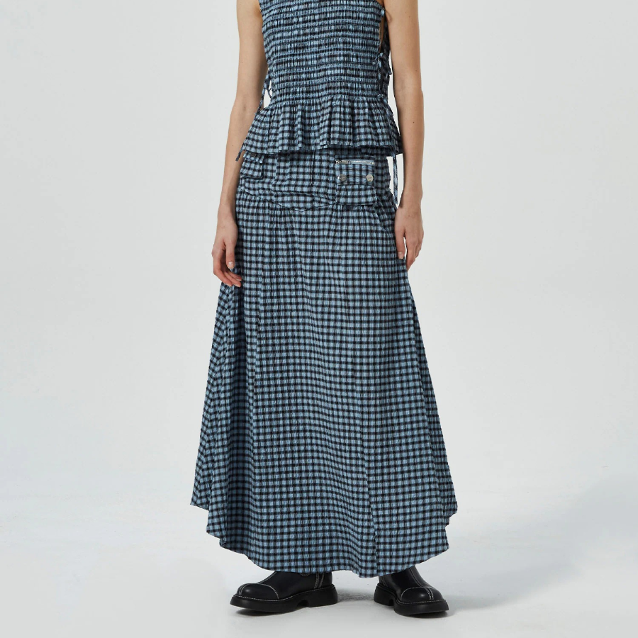 GANNI Seersucker Check Long Pocket Skirt – Sky Blue