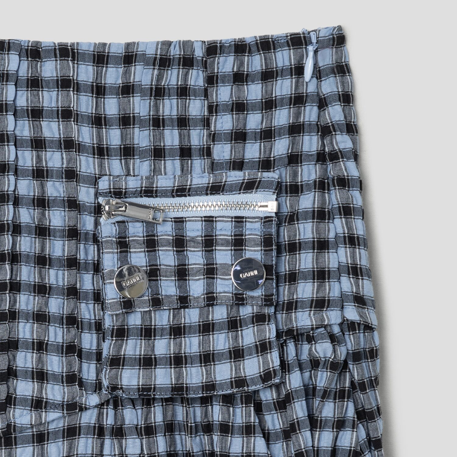 GANNI Seersucker Check Long Pocket Skirt – Sky Blue