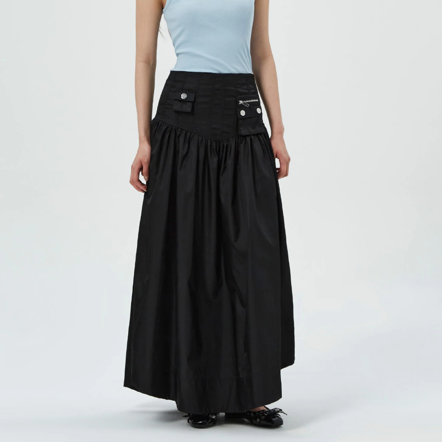 GANNI Duchesse Nylon Long Pocket Skirt – Black