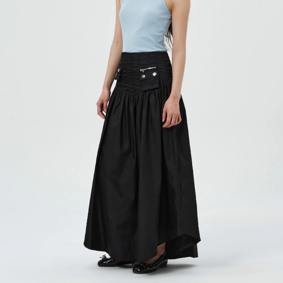 GANNI Duchesse Nylon Long Pocket Skirt – Black