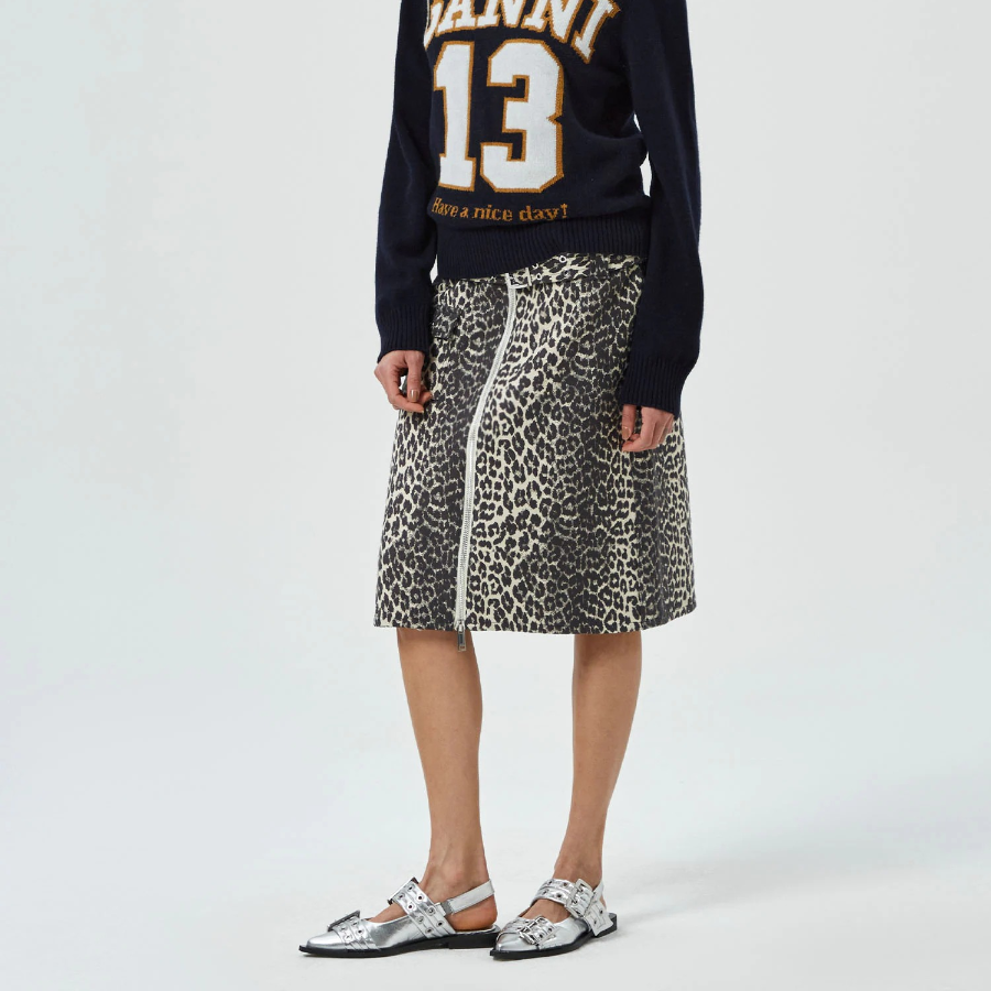 GANNI Cotton Tweed Midi Skirt – Leopard