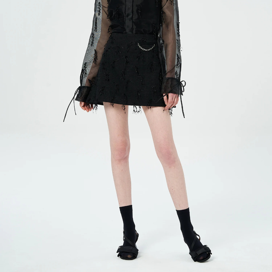 GANNI Fringed Tweed Mini Skirt – Black