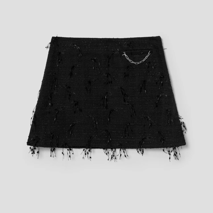 GANNI Fringed Tweed Mini Skirt – Black