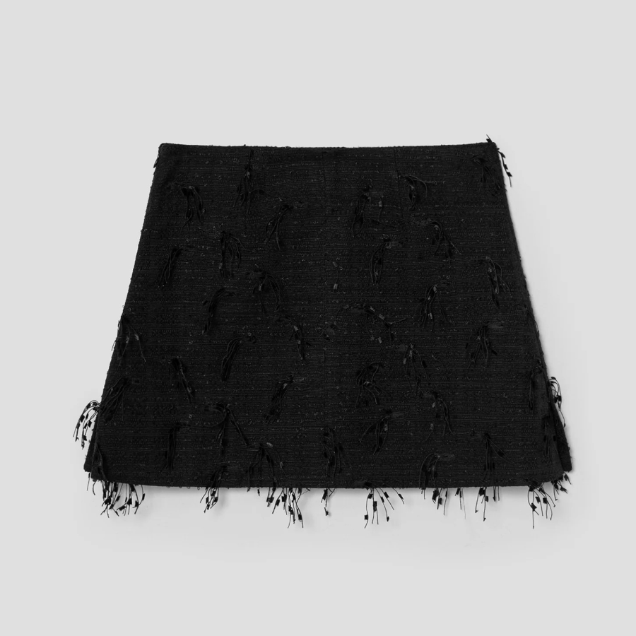 GANNI Fringed Tweed Mini Skirt – Black