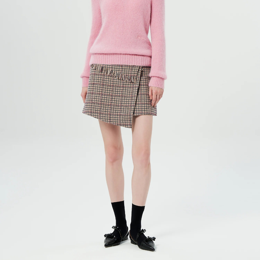 GANNI Check Wool Mix Wrap Mini Skirt – Beige