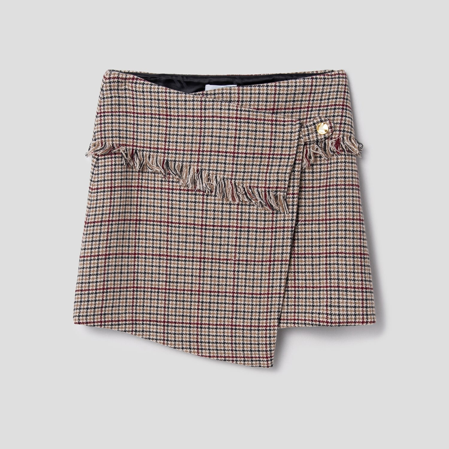 GANNI Check Wool Mix Wrap Mini Skirt – Beige