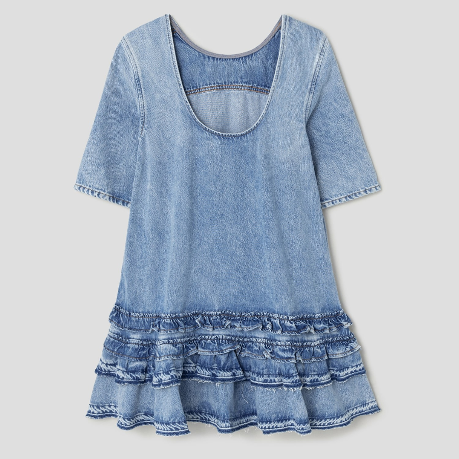 GANNI Soft Rigid Denim Open Back Frill Mini Dress - Sky Blue