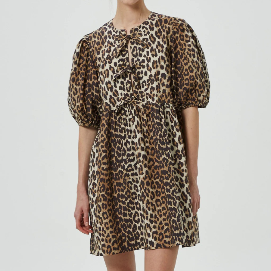 GANNI Printed Cotton Tie String Mini Dress - Brown