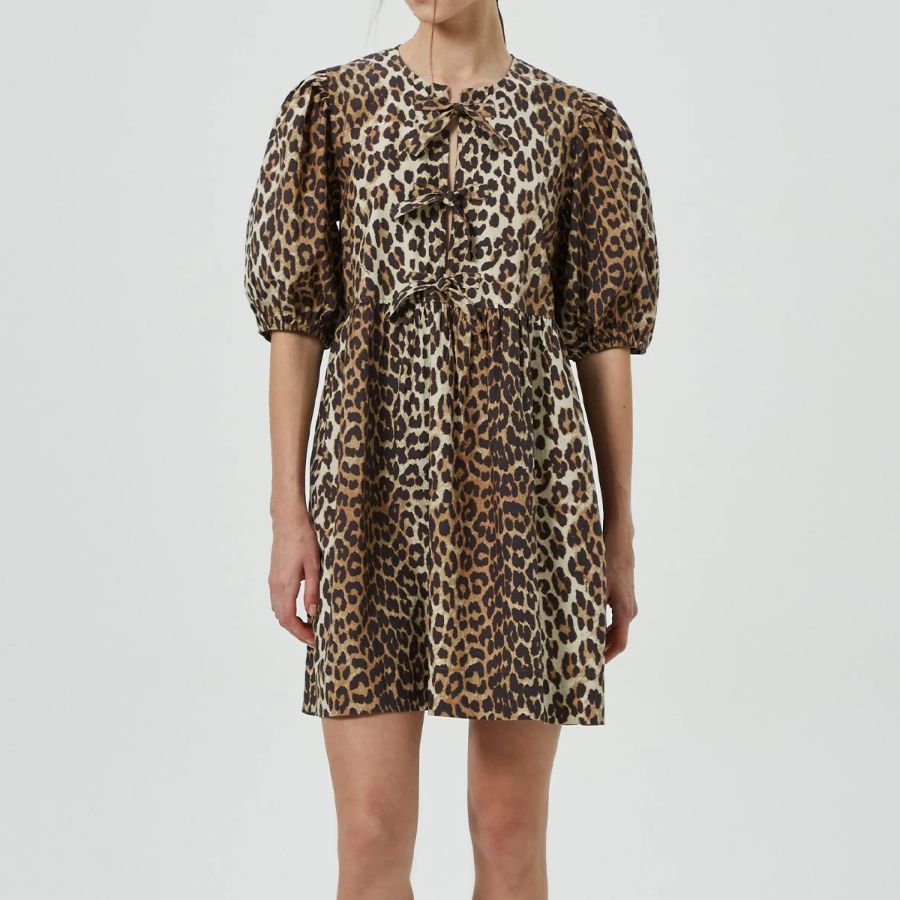 GANNI Printed Cotton Tie String Mini Dress - Brown