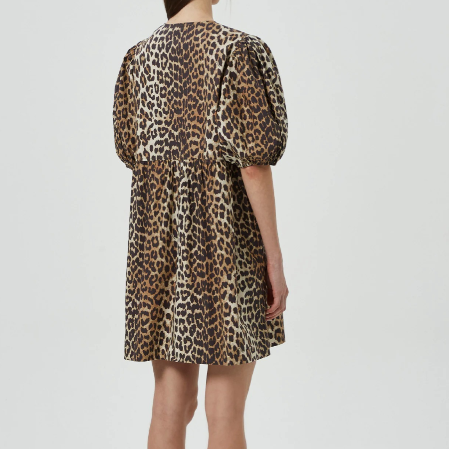 GANNI Printed Cotton Tie String Mini Dress - Brown