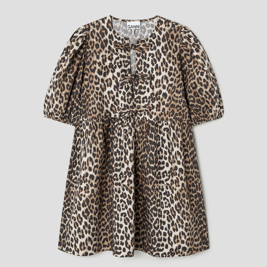 GANNI Printed Cotton Tie String Mini Dress - Brown
