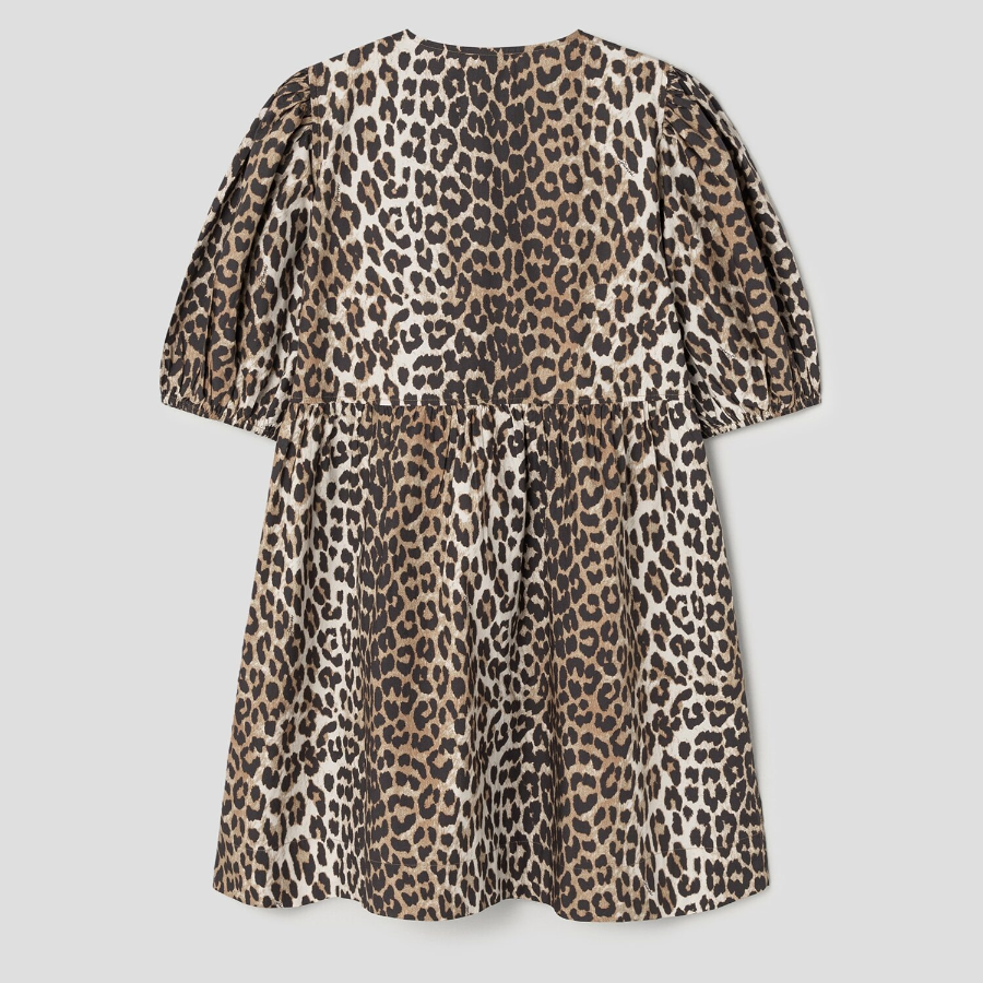 GANNI Printed Cotton Tie String Mini Dress - Brown