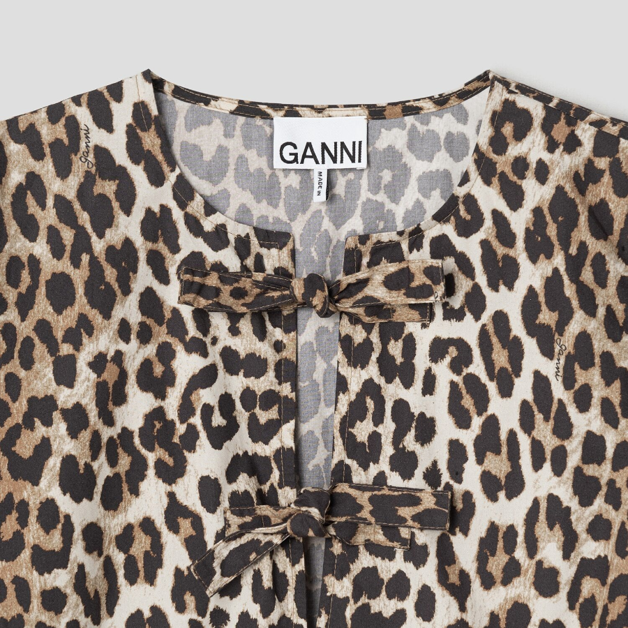 GANNI Printed Cotton Tie String Mini Dress - Brown
