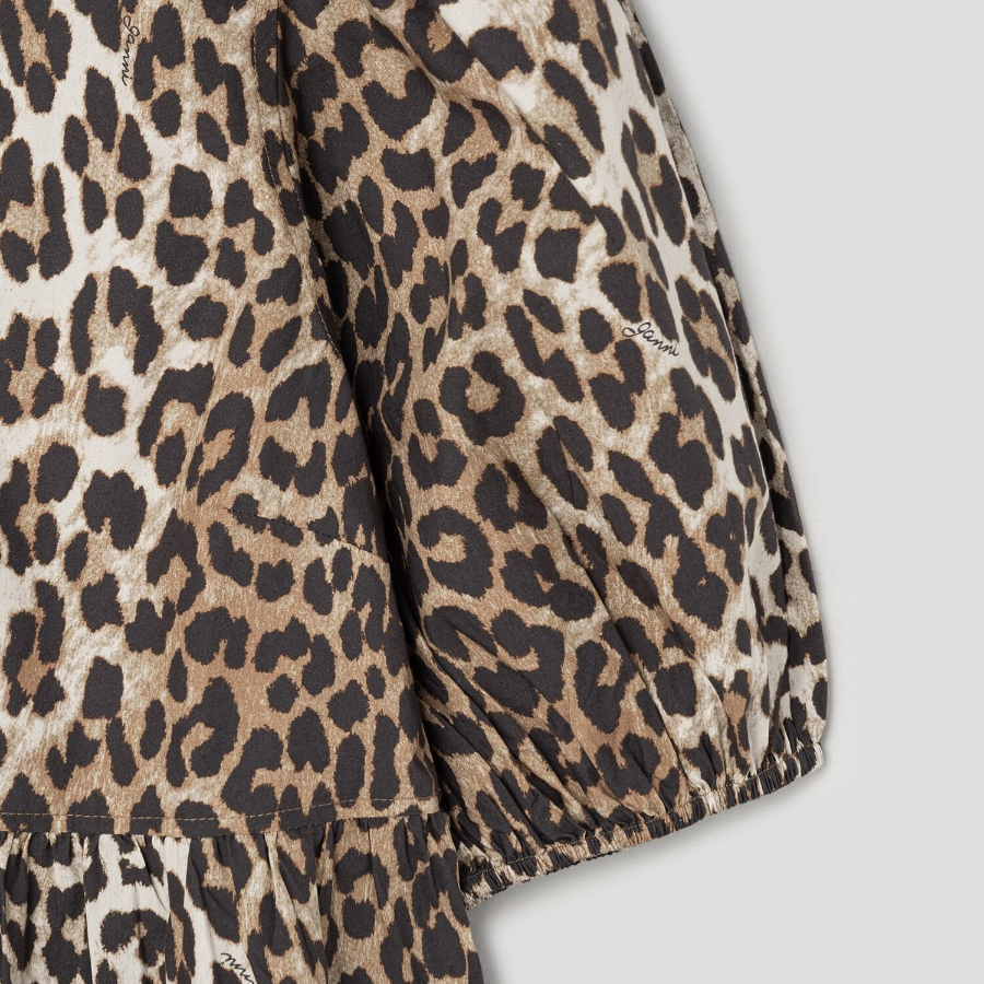 GANNI Printed Cotton Tie String Mini Dress - Brown