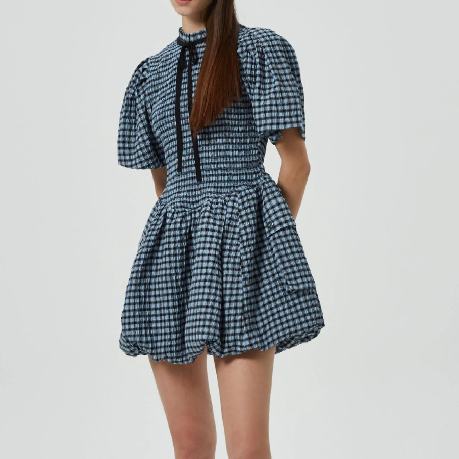 GANNI Seersucker Check Mini Smock Dress – Sky Blue