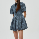 GANNI Seersucker Check Mini Smock Dress – Sky Blue
