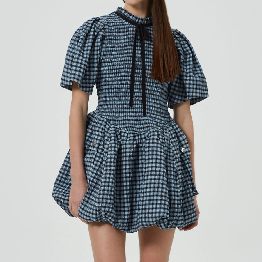 GANNI Seersucker Check Mini Smock Dress – Sky Blue