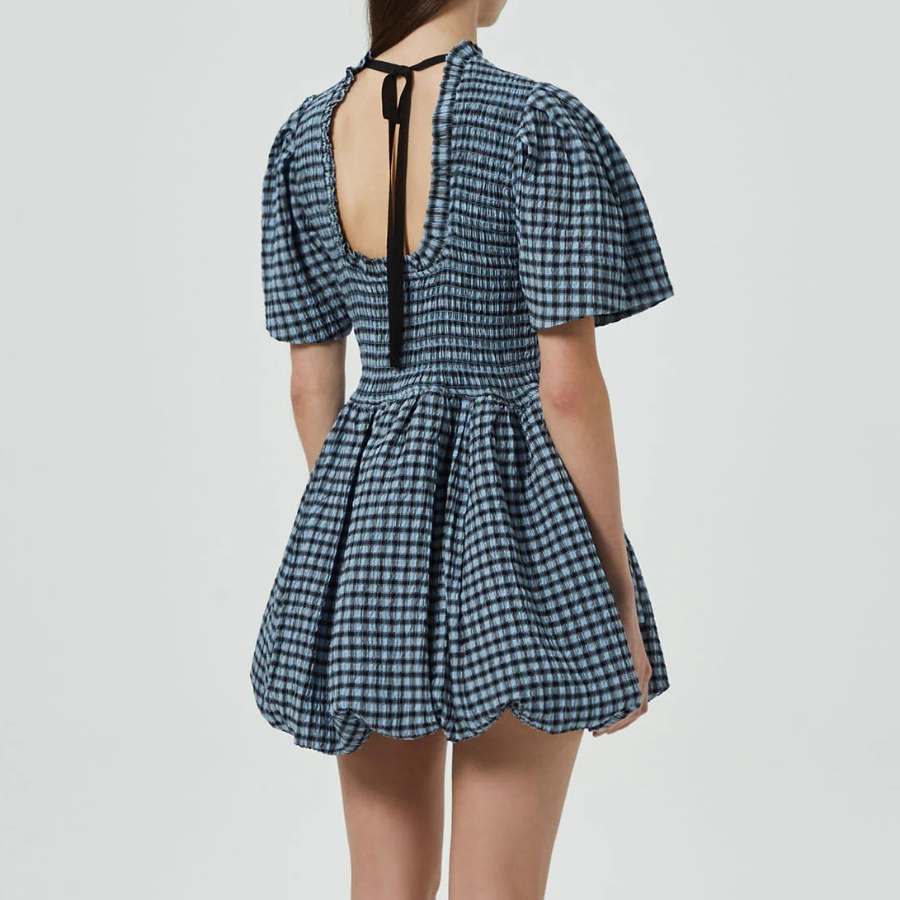 GANNI Seersucker Check Mini Smock Dress – Sky Blue