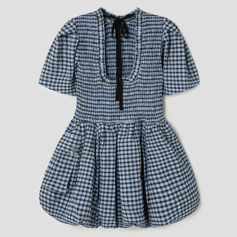 GANNI Seersucker Check Mini Smock Dress – Sky Blue