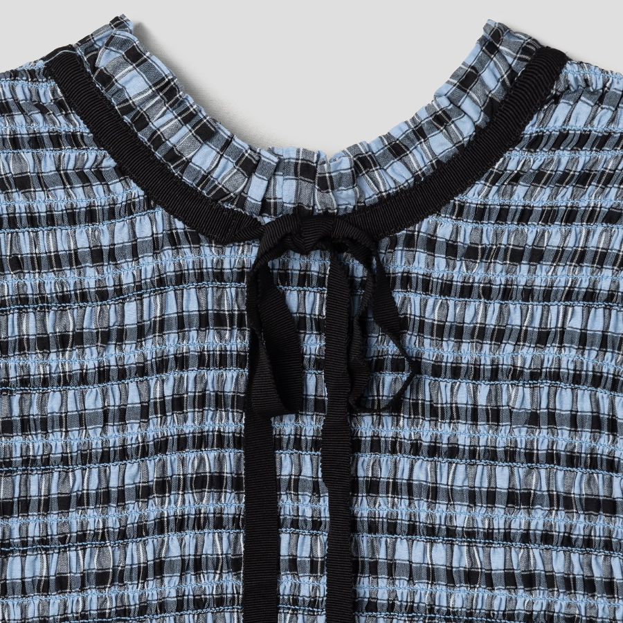 GANNI Seersucker Check Mini Smock Dress – Sky Blue