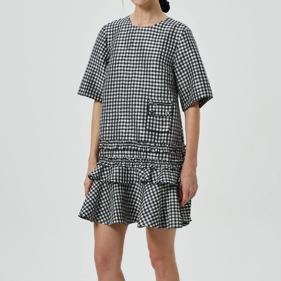 GANNI Crinkled Taffeta Check Open Back Mini Dress - Black