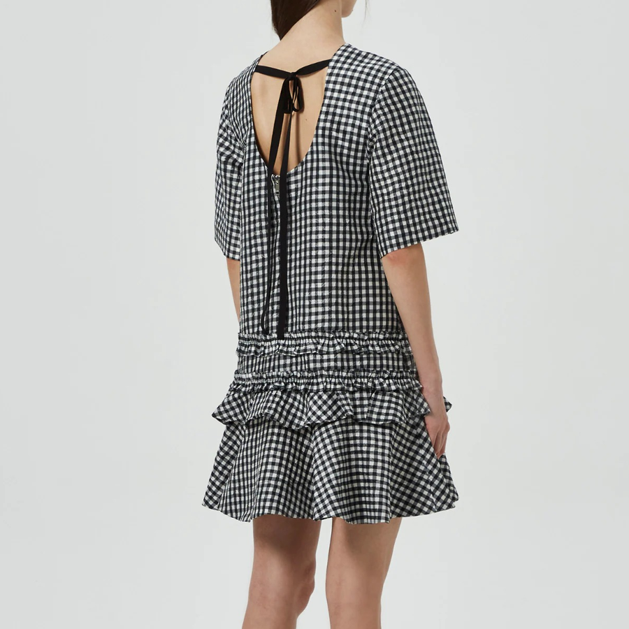 GANNI Crinkled Taffeta Check Open Back Mini Dress - Black