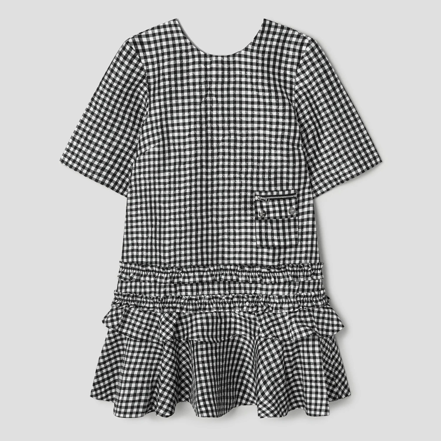 GANNI Crinkled Taffeta Check Open Back Mini Dress - Black