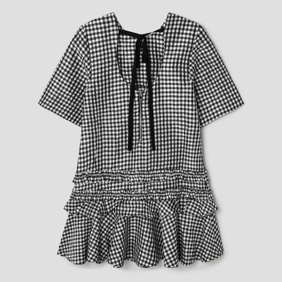GANNI Crinkled Taffeta Check Open Back Mini Dress - Black
