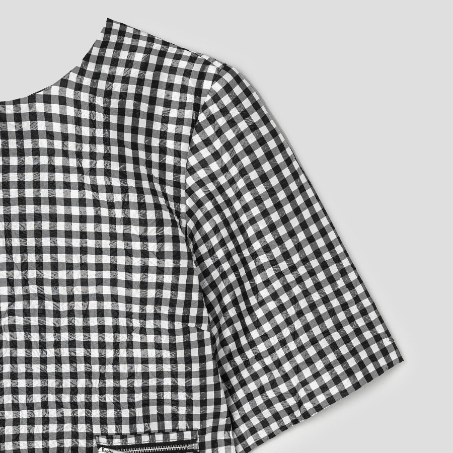 GANNI Crinkled Taffeta Check Open Back Mini Dress - Black