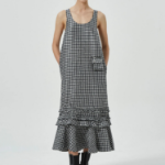 GANNI Crinkled Taffeta Check U-neck Long Dress - Black