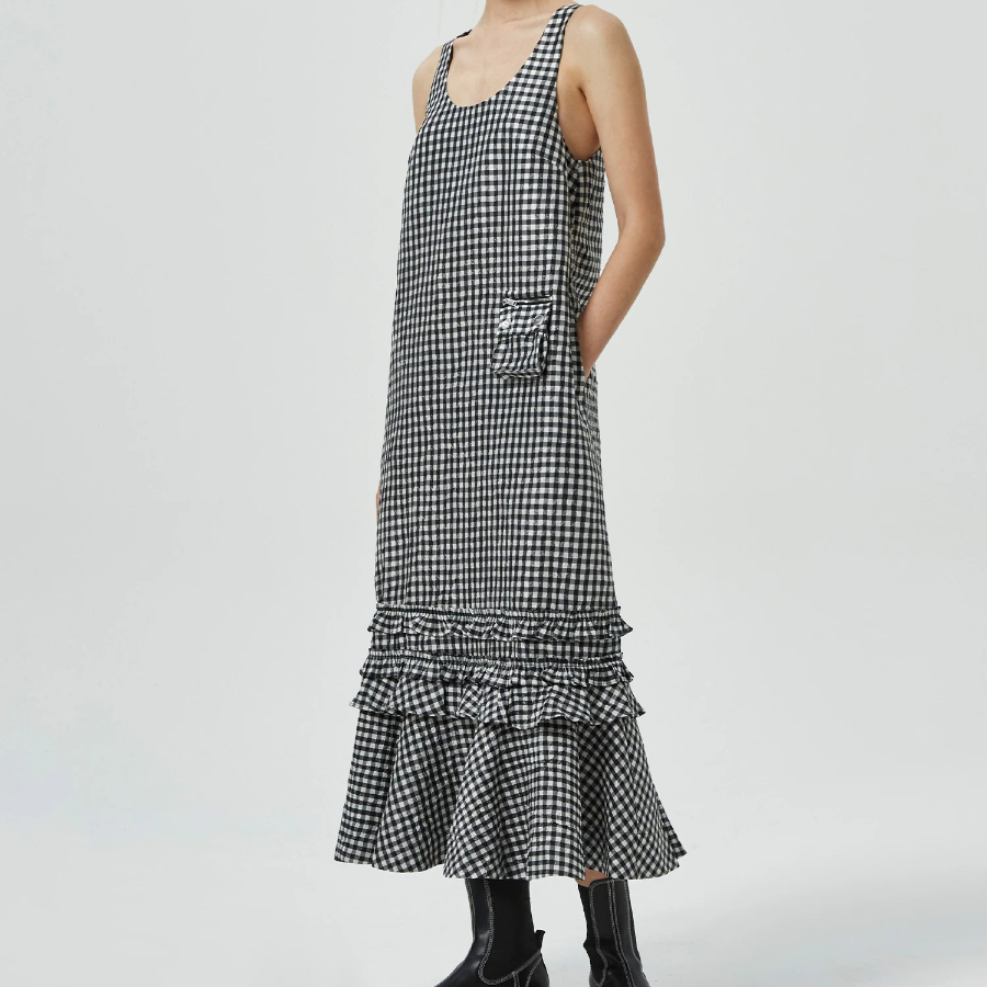 GANNI Crinkled Taffeta Check U-neck Long Dress - Black