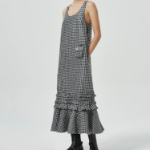 GANNI Crinkled Taffeta Check U-neck Long Dress - Black