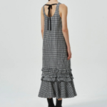 GANNI Crinkled Taffeta Check U-neck Long Dress - Black