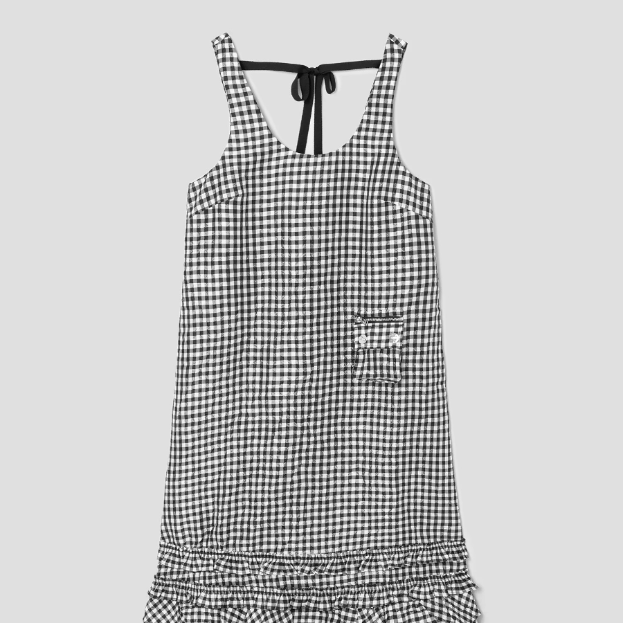 GANNI Crinkled Taffeta Check U-neck Long Dress - Black