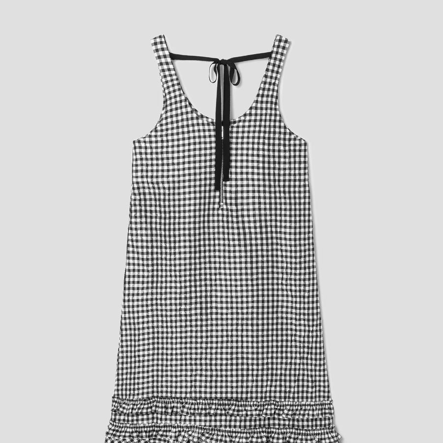 GANNI Crinkled Taffeta Check U-neck Long Dress - Black