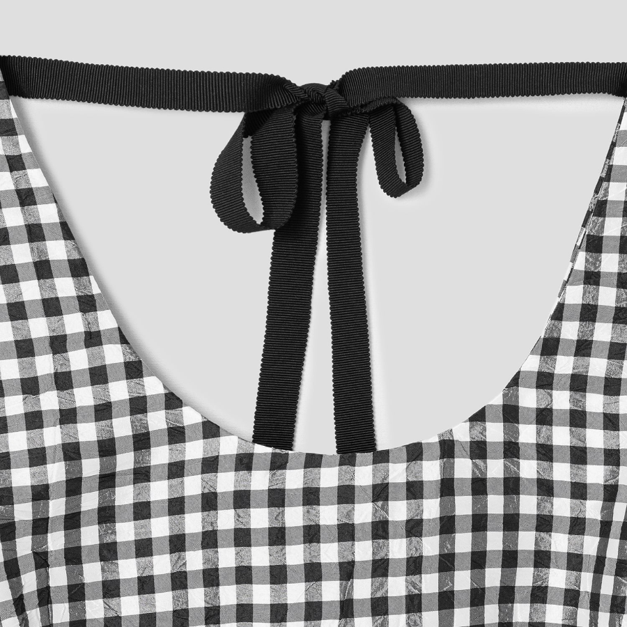 GANNI Crinkled Taffeta Check U-neck Long Dress - Black