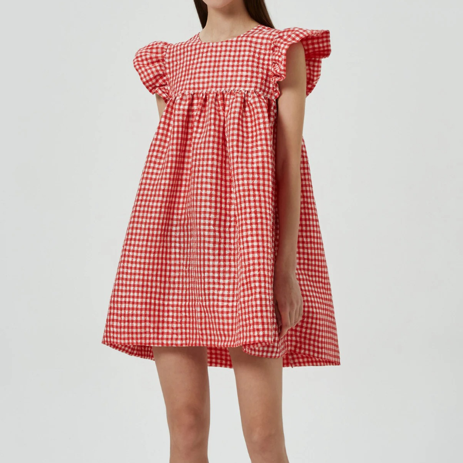 GANNI Crinkled Taffeta Check Frill Mini Dress - Red