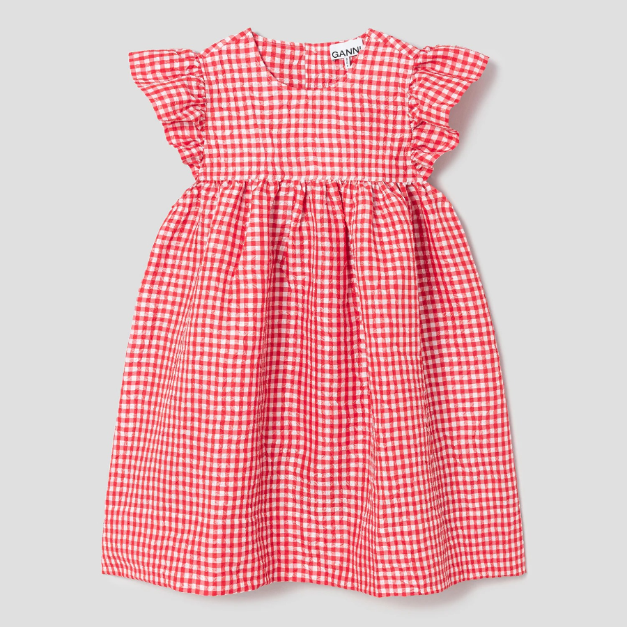GANNI Crinkled Taffeta Check Frill Mini Dress - Red