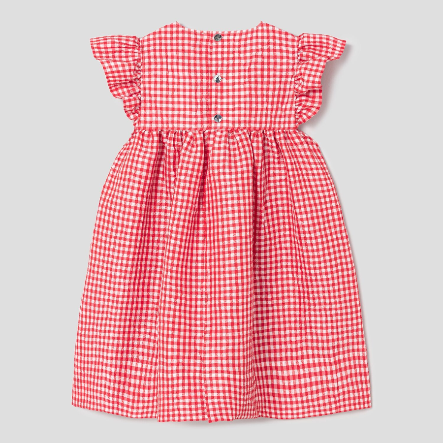 GANNI Crinkled Taffeta Check Frill Mini Dress - Red