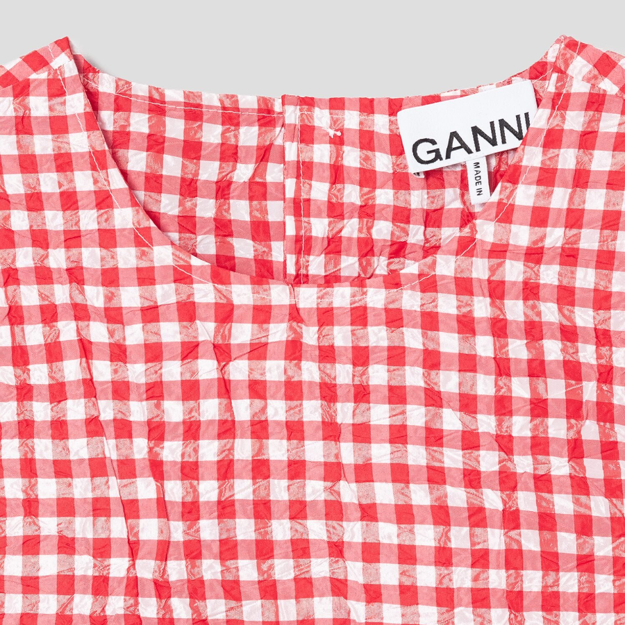 GANNI Crinkled Taffeta Check Frill Mini Dress - Red